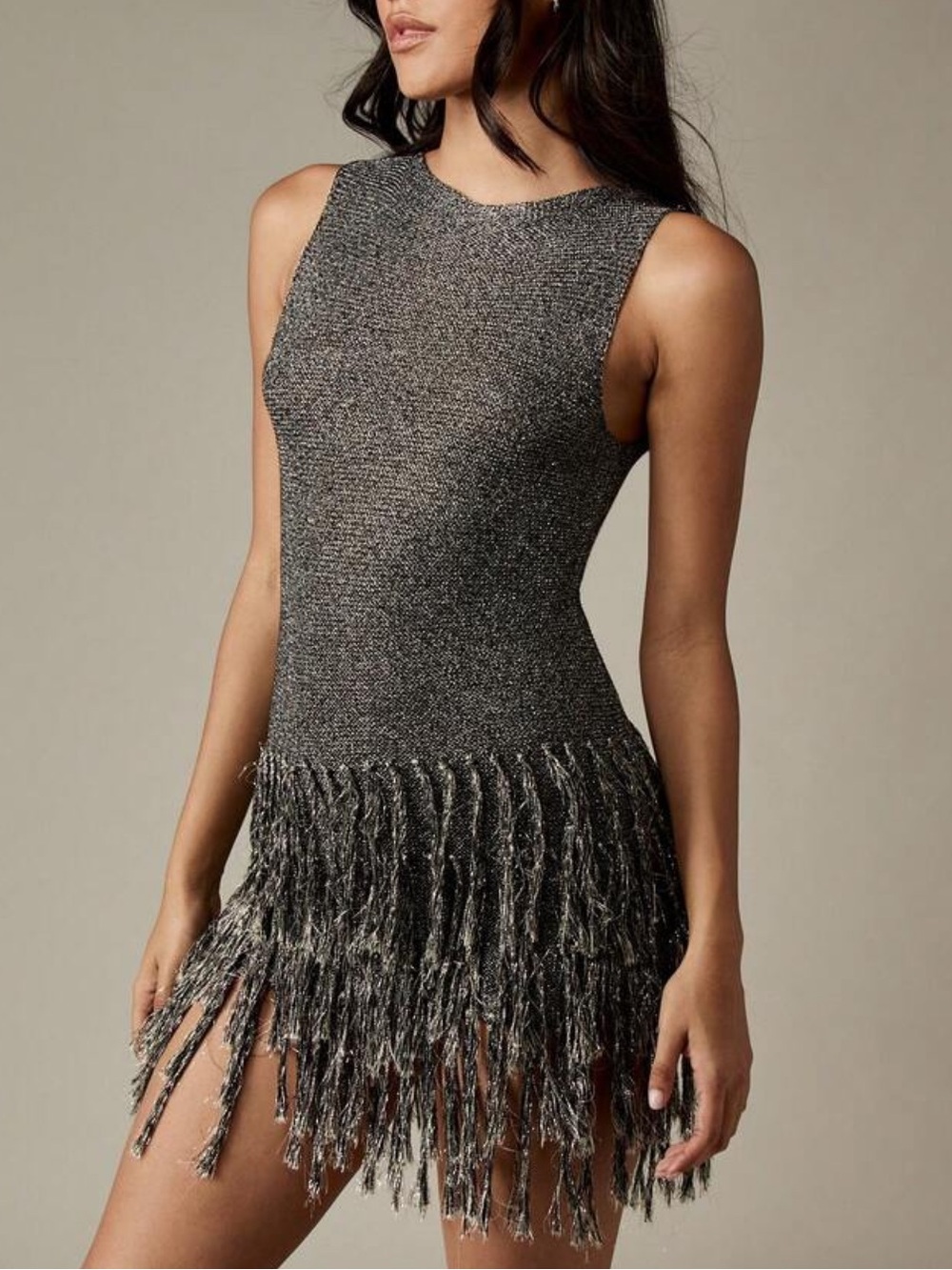 Sleeveless Metallic gray silver Fringe Mini Dress in Charcoal